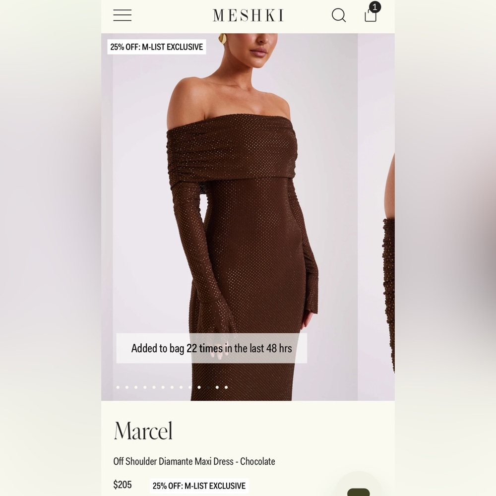 Meshki Marcel Off Shoulder Diamante Maxi Dress (sparkly/ diamonds ✨) Chocolate